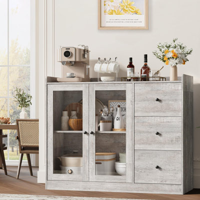 Sideboard Buffet Cabinet With Storage, 43" Coffee Bar Cabinet With Glass Doors And 3 Drawers, Storage Cabinet With Adjustable Shelves by ZACOO