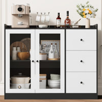 Sideboard Buffet Cabinet With Storage, 43" Coffee Bar Cabinet With Glass Doors And 3 Drawers, Storage Cabinet With Adjustable Shelves