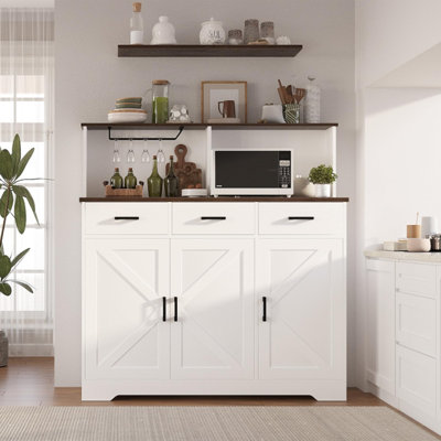 Farmhouse Sideboard Buffet Cabinet With Microwave Stand, Barn Doors Buffet Storage Cabinet With Drawers And Shelves
