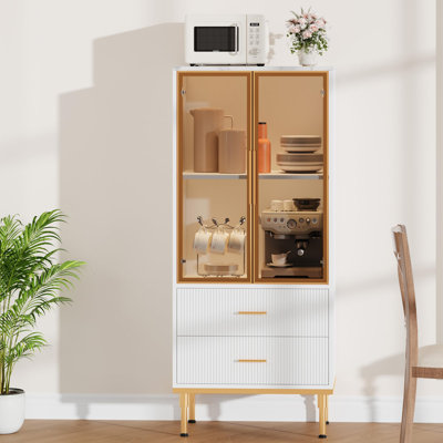 Fluted Storage Cabinet With Glass Door And 2 Drawers, Modern Display Storage Cabinet by ZACOO
