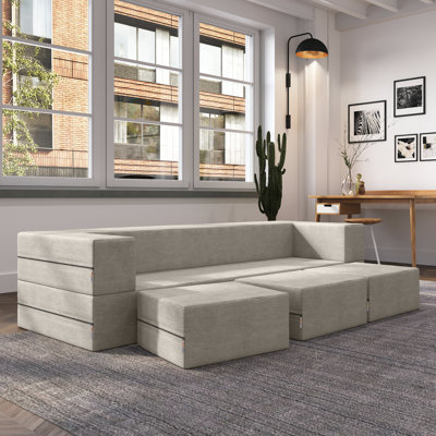 Shontae Zipline Convertible Sleeper Sofa, Three Ottomans, & Pillows / California King-Size Bed, Textured Microvelvet